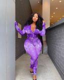 New style plus size casual suit fashion print lotus leaf sleeve shirt suit F88378