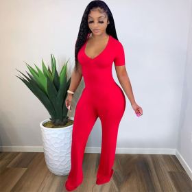 Casual Jumpsuit Wide Leg Pants Deep V Short Sleeve Jumpsuit Loose Pants F88372