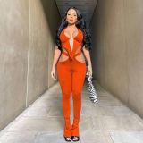 Halter open back strappy open hip pants suit F88368