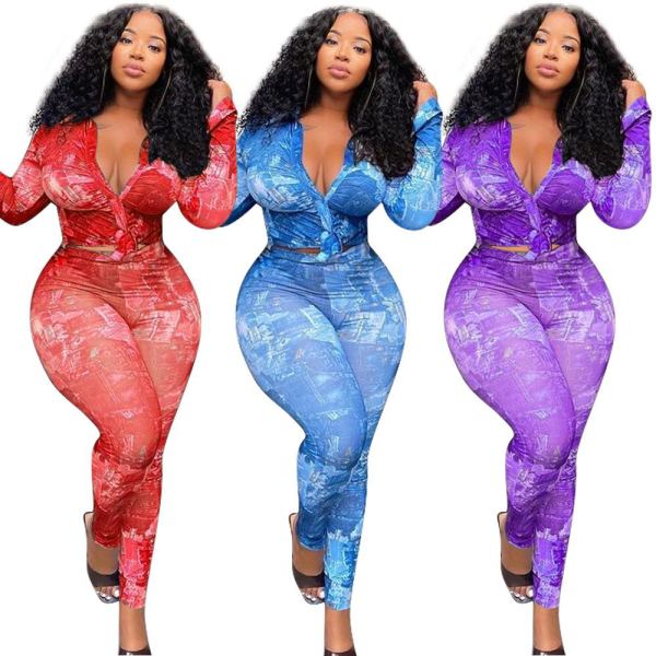 New style plus size casual suit fashion print lotus leaf sleeve shirt suit F88378