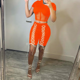 Net yarn perspective stitching lace-up short-sleeved five-point pants two-piece suit Q21S887