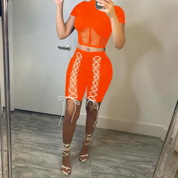 Net yarn perspective stitching lace-up short-sleeved five-point pants two-piece suit Q21S887