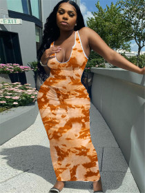 Ladies V-neck tie-dye printing thread long dress Q21W882