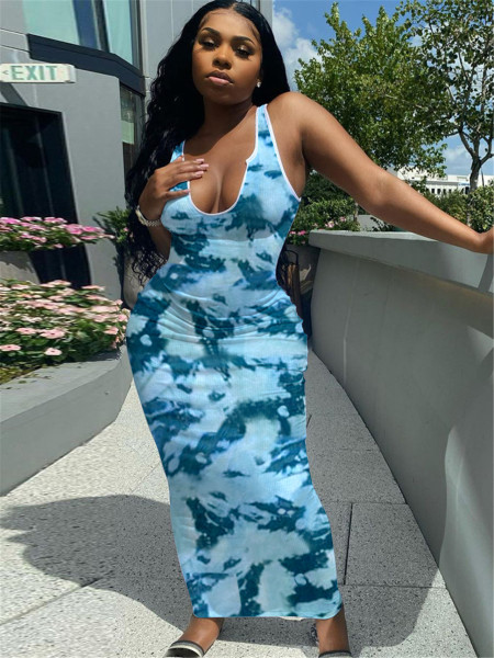 Ladies V-neck tie-dye printing thread long dress Q21W882