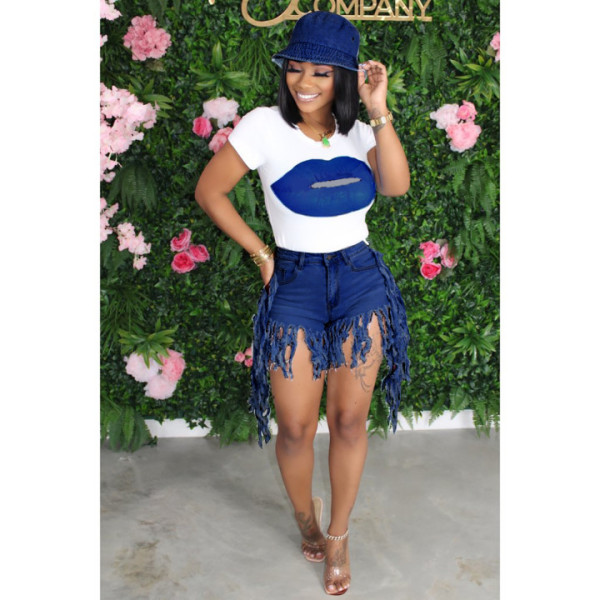 Fringed jeans print lips T-shirt two-piece suit Q608