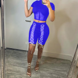 Net yarn perspective stitching lace-up short-sleeved five-point pants two-piece suit Q21S887