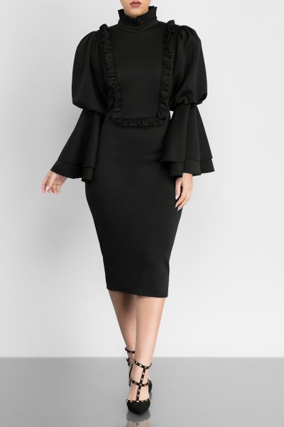 Fashion sexy wood ear side trumpet sleeve pencil dress L0169