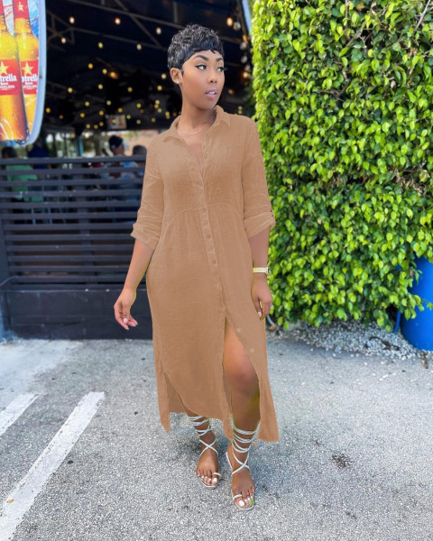 New style long-sleeved lapel pleated loose large size shirt long dress QY5065