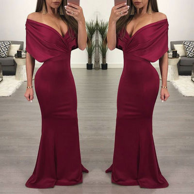 Sexy one-shoulder deep V solid color mermaid dress L0152