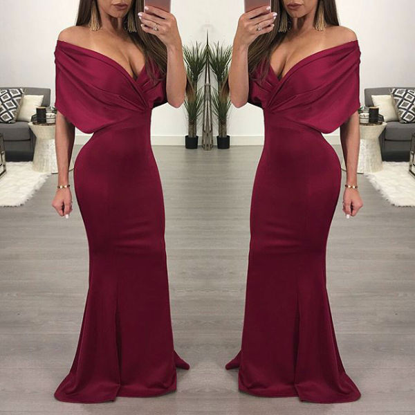 Sexy one-shoulder deep V solid color mermaid dress L0152