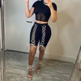 Net yarn perspective stitching lace-up short-sleeved five-point pants two-piece suit Q21S887