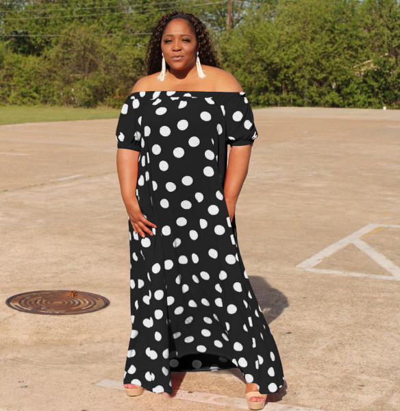 Chiffon Dot Printed Bohemian One Shoulder Ladies High Street Beach Loose Dress with Pockets QY5057