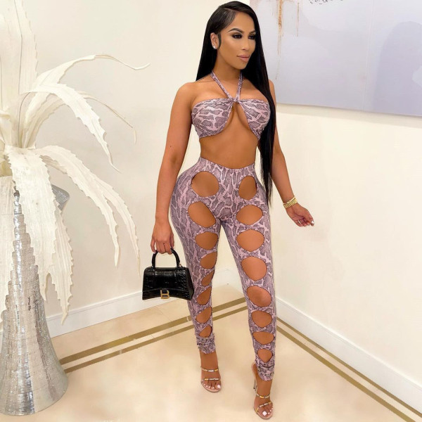 Sexy snake print tube top strap hollow trousers women's suit QY5066