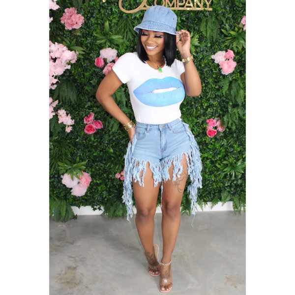 Fringed jeans print lips T-shirt two-piece suit Q608