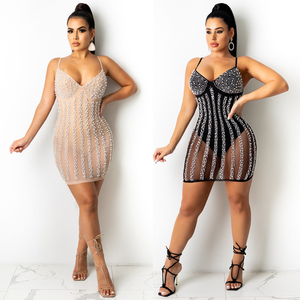 Hot Rhinestone Pearl Perspective Sling V-neck Sexy Dress Nightclub Wear K8955