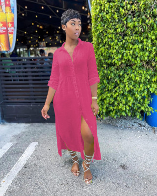 New style long-sleeved lapel pleated loose large size shirt long dress QY5065