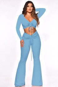 Autumn and winter thread solid color pleated V-neck sexy bootcut trousers two-piece suit Q21S921