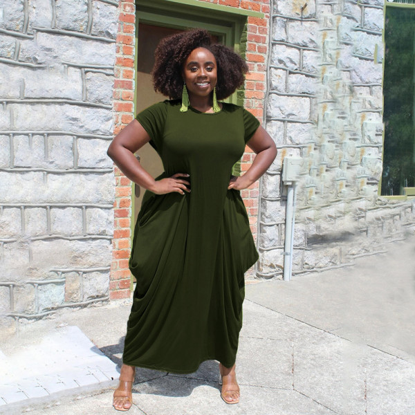 Solid color round neck irregular hem ladies dress Q21S909