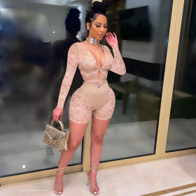 Nightclub sexy hollow lace long-sleeved jumpsuit Q21Y915