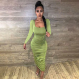 Women's Square Collar Solid Color Long Sleeve Slim Pleated Sexy Dress Q21Y914