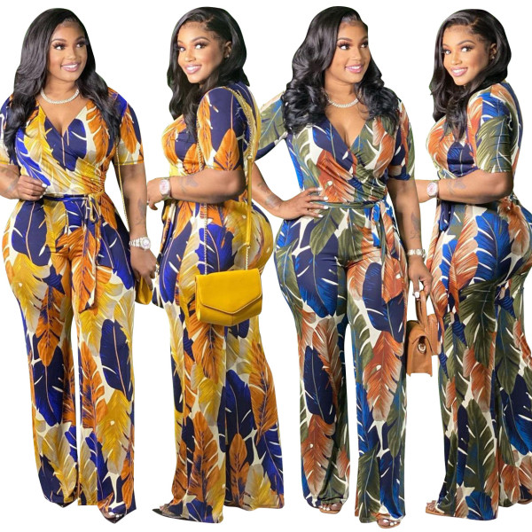 Plus size women's spot new print V-neck strap sexy jumpsuit J21S6061