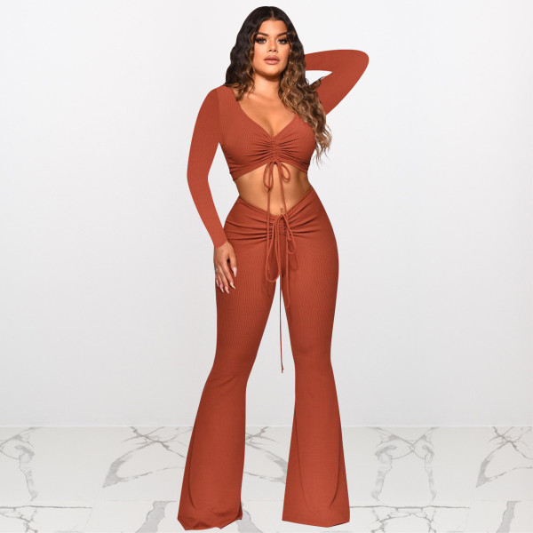 Autumn and winter thread solid color pleated V-neck sexy bootcut trousers two-piece suit Q21S921