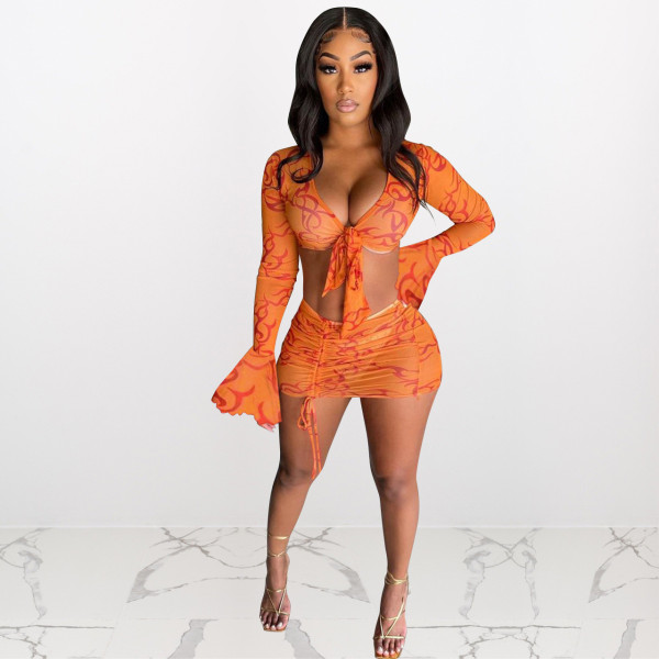 Mesh see-through straps pleated sexy ruffled sleeves half skirt two-piece suit Q21S899