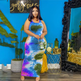New plus size women's European and American style round neck tie-dye printing vest dress sleeveless long skirt L9146