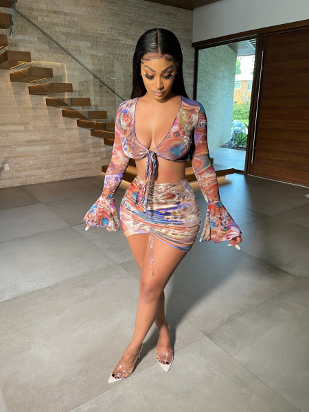 Mesh see-through straps pleated sexy ruffled sleeves half skirt two-piece suit Q21S899