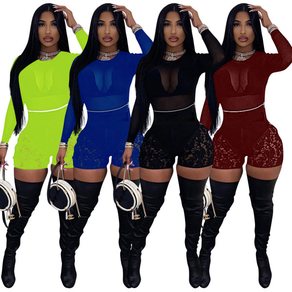 Women's sexy lace breathable casual shorts + mesh top suit Q21S908
