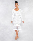 Sexy small V-neck long sleeve lace mermaid skirt perspective dress Q21W920