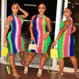 New Women's Skirt Rainbow Stripe Print Women's Dress Drawstring Sleeveless Skirt L9157