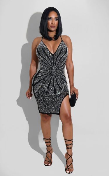 Sexy European and American hot drilling deep V slim dress nightclub skirt VK2150