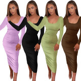 Women's Square Collar Solid Color Long Sleeve Slim Pleated Sexy Dress Q21Y914