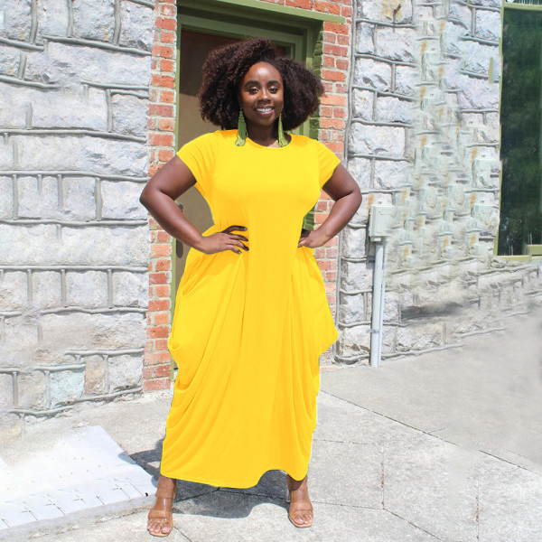 Solid color round neck irregular hem ladies dress Q21S909