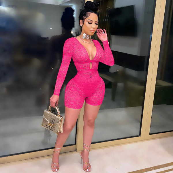 Nightclub sexy hollow lace long-sleeved jumpsuit Q21Y915