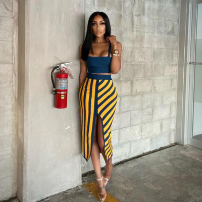 Casual women's sling tube top and skirt suit stand-alone stripe positioning printing suit YY5288