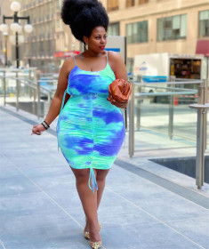 New style tie-dye printing sling pleated sexy dress J21S6075