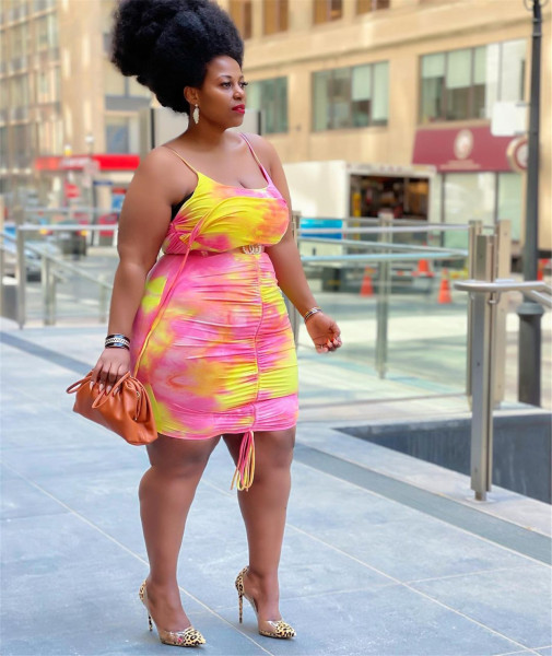 New style tie-dye printing sling pleated sexy dress J21S6075
