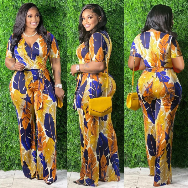 Plus size women's spot new print V-neck strap sexy jumpsuit J21S6061