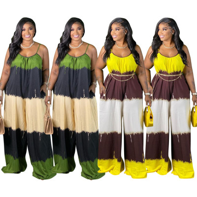 Plus size women's clothing spot positioning printing contrast color sling wide leg plus size jumpsuit J21S6071