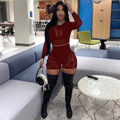 Women's sexy lace breathable casual shorts + mesh top suit Q21S908