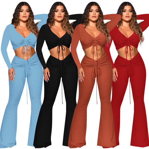 Autumn and winter thread solid color pleated V-neck sexy bootcut trousers two-piece suit Q21S921