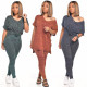 Ladies V-neck short sleeve slit embossed stitching top and pants two-piece suit Q589