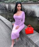 Women's Square Collar Solid Color Long Sleeve Slim Pleated Sexy Dress Q21Y914