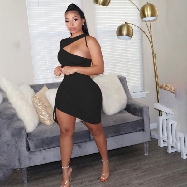 New women's casual dress solid color pleated one-shoulder skirt women L9149