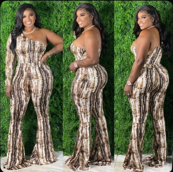 Plus size women's clothing printed one-shoulder long-sleeved slim sexy jumpsuit J21S6080