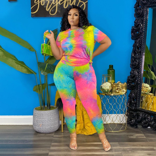Fashion women's T-shirt printing casual sports plus size two-piece suit L9159