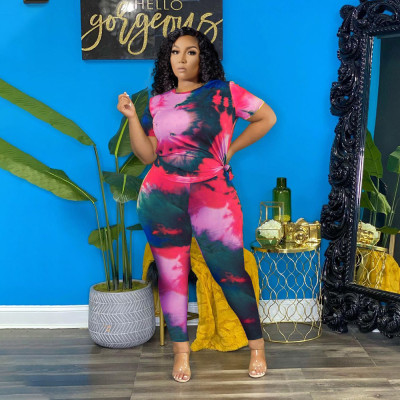 Fashion women's T-shirt printing casual sports plus size two-piece suit L9159