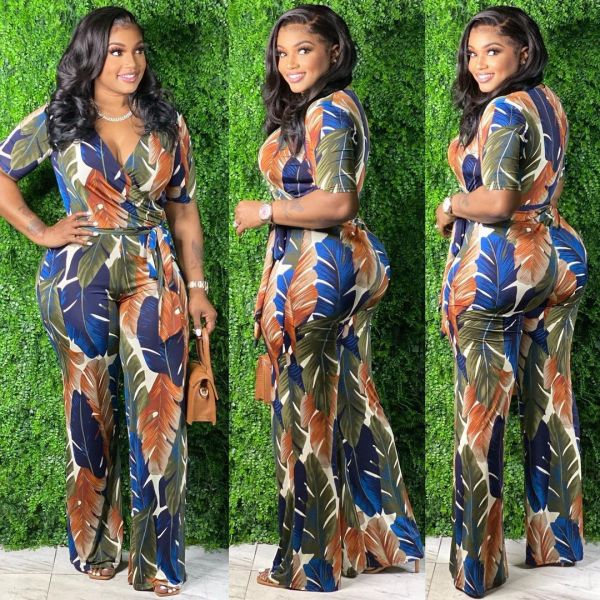 Plus size women's spot new print V-neck strap sexy jumpsuit J21S6061